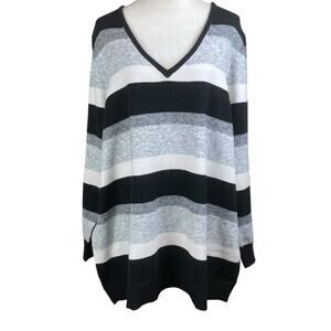 Lane Bryant NWT 26/28 Black Gray White Striped V-Neck Long Sleeve Soft Sweater